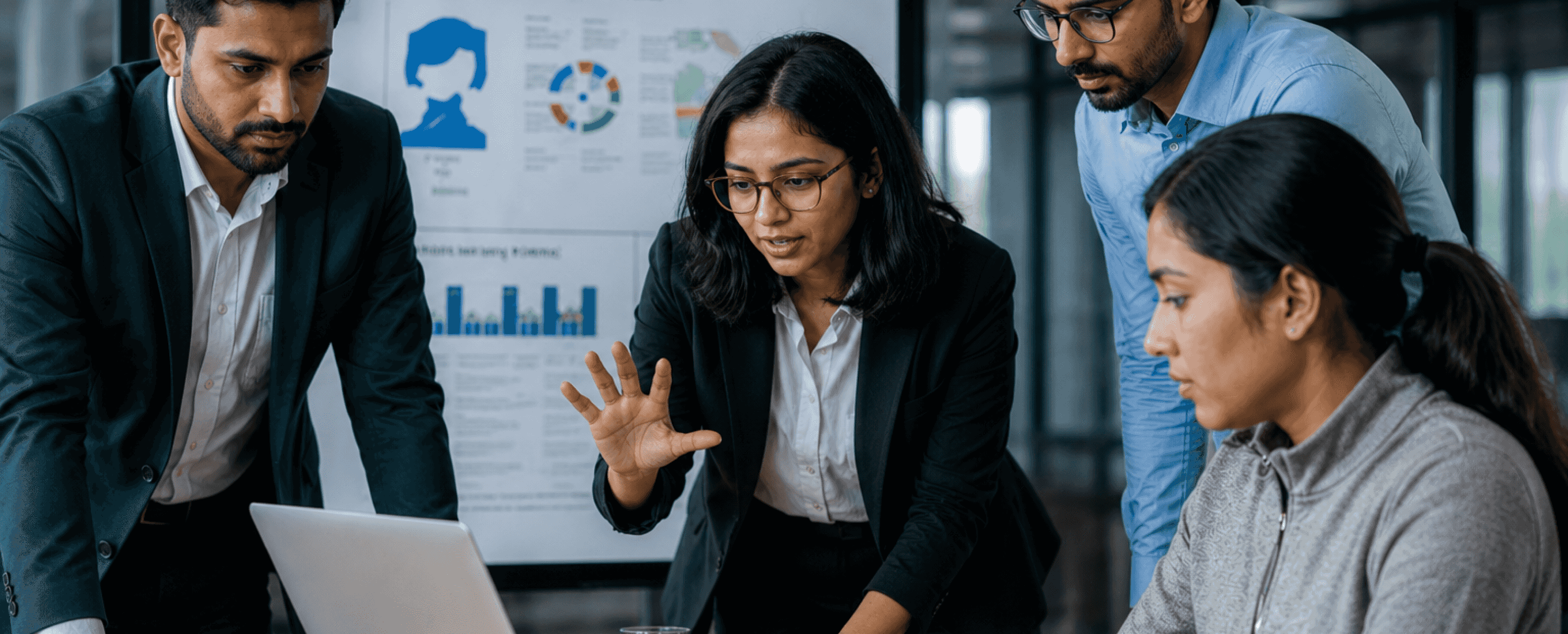 A financial analysis team reviewing company information.