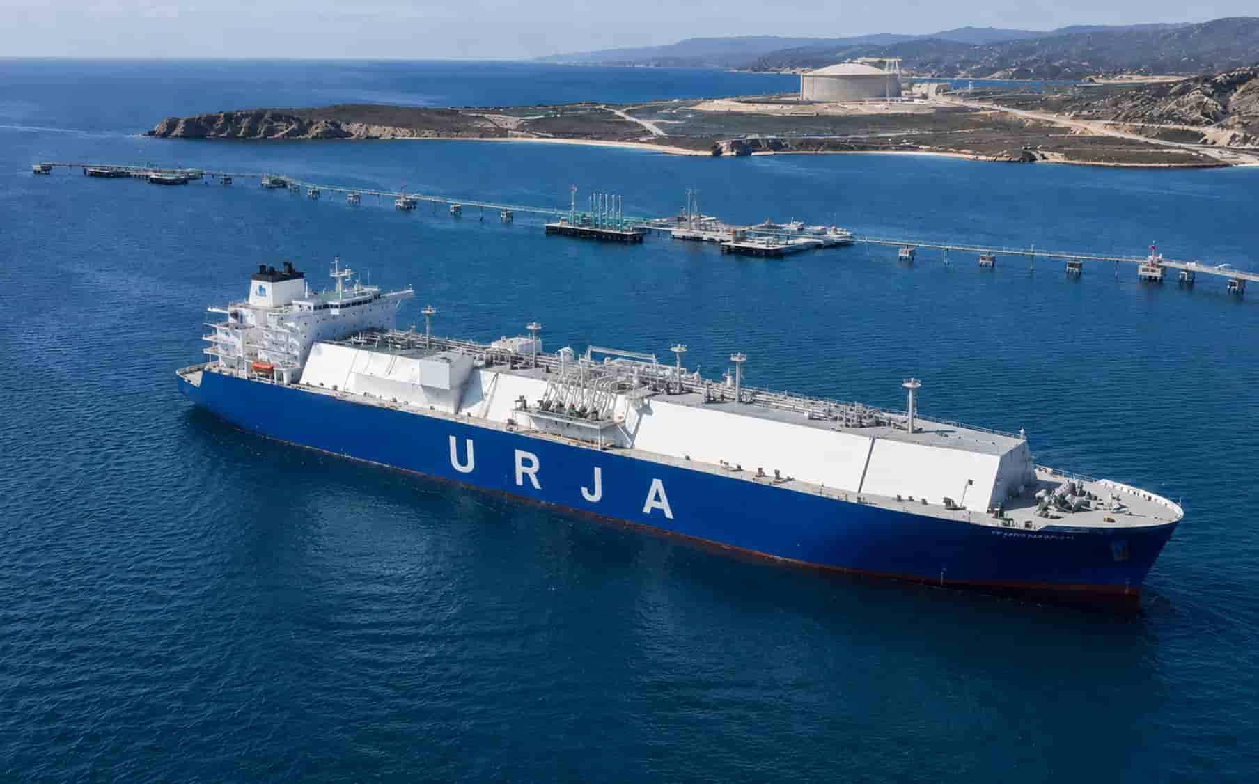 LNG carrier approaching a coastal import terminal.