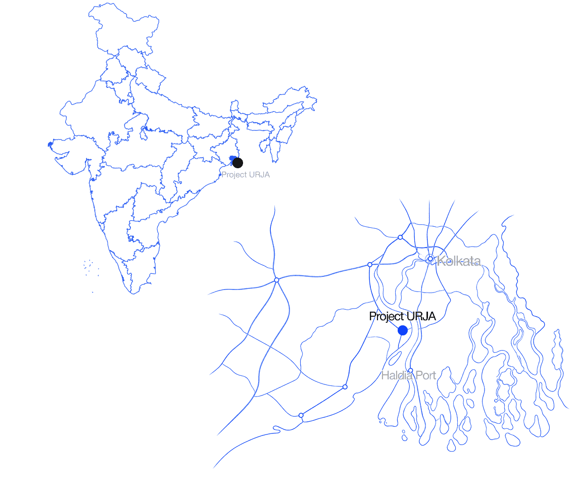 Map of Project URJA near Haldia Port and Kolkata, with its location in India.