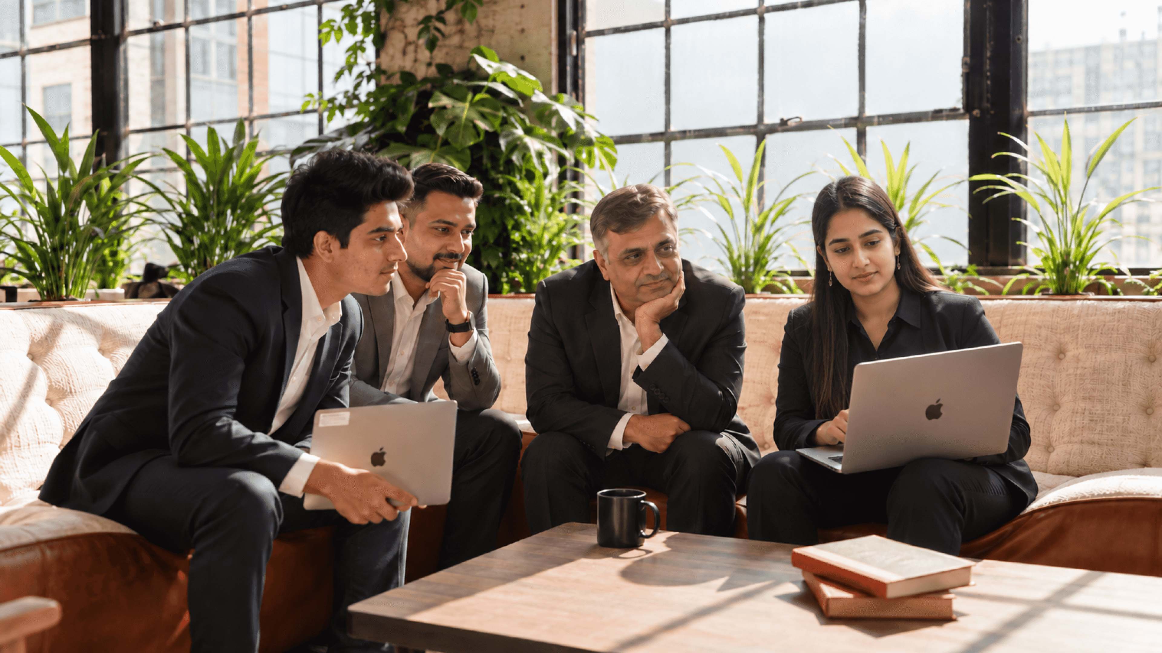 Four colleagues seated together reviewing laptops in a bright office lounge.